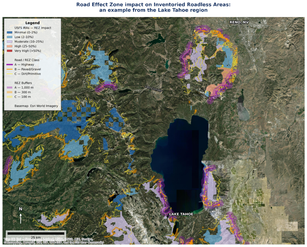 Road Effect Zone framework at landscape scale: Tahoe National Forest / Lake Tahoe region. Satellite basemap shows IRAs classified by REZ impact tier, with classified roads and REZ buffers overlaid. Class A highway corridors (I-80) produce wide REZ swaths bisecting otherwise intact IRAs.