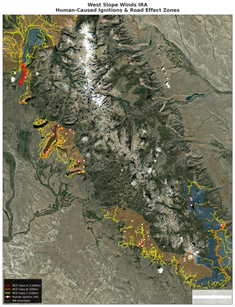Satellite Detail: West Slope Winds IRA — wildfire ignitions in IRAs are clustered around roads.